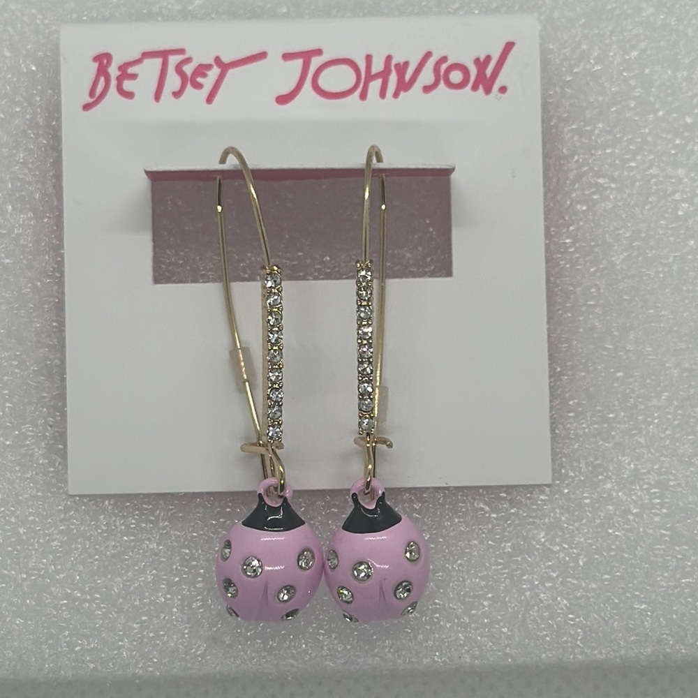 Betsey Johnson Pink Ladybug  Rhinestone Dangle Earrings - New with Tags